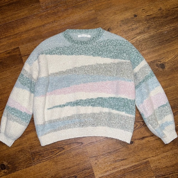 Altar’d State Cozy Blue, Cream Colorful Boho Crewneck Striped Sweater Size M - Picture 3 of 10